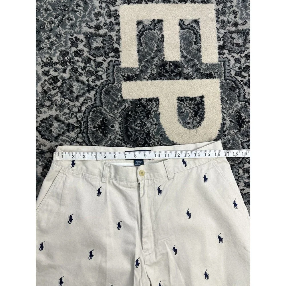 VTG Ralph Lauren Prospect Short Men White Sz 34 All Over Blue Pony Logo Print
